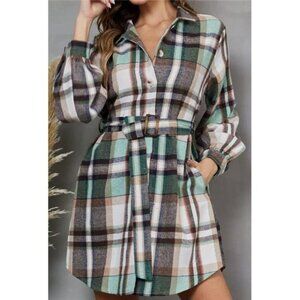 Green Long Plaid Flannel Shacket Jacket Dress Midi Belted Trench‎ Coat Dress